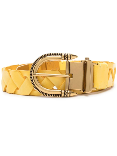 Etro Metal-prong Woven Leather Belt In Gelb