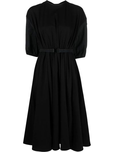 Moncler Belted Cotton Midi Dress In Black