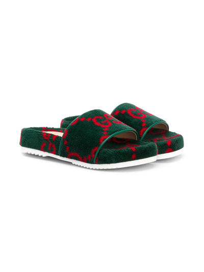 Gucci Kids' Gg Terry Cloth Slides In Green