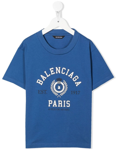 Balenciaga Kids' Logo棉质针织t恤 In Blue
