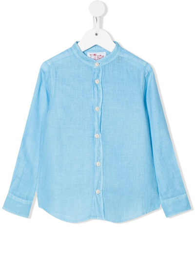 Mc2 Saint Barth Kids' Collarless Linen Shirt In Blue