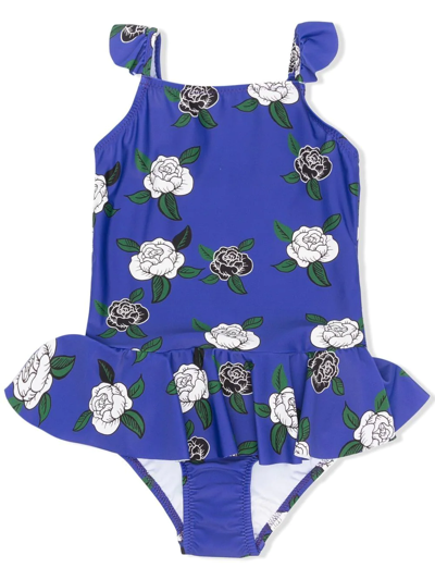 Mini Rodini Kids' 玫瑰印花荷叶边连体泳衣 In Blue