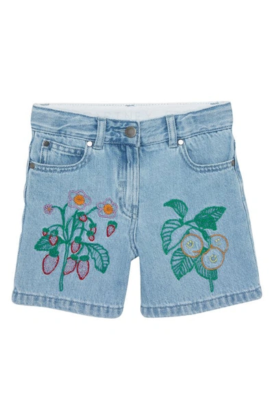 Stella Mccartney Kids' Floral Embroidered Denim Shorts In Blue