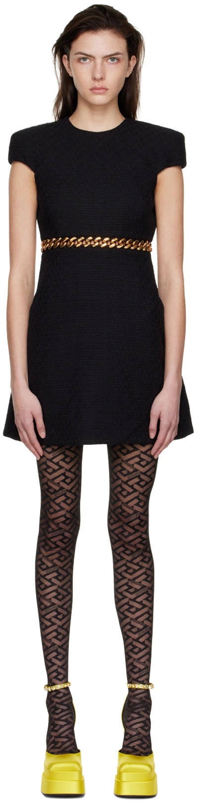 Versace Woven Chain-link Mini Shift Dress In Black