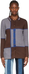 Ahluwalia Checkerboard Panelled Merino-wool Cardigan In Brown/blue/beige