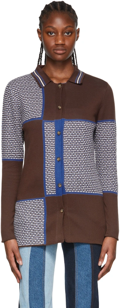 Ahluwalia Checkerboard Panelled Merino-wool Cardigan In Brown