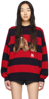 Palm Angels Navy & Red Wool Sweater In Navy Blue Brown