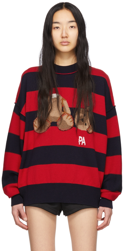 Palm Angels Navy & Red Wool Sweater In Blue/red