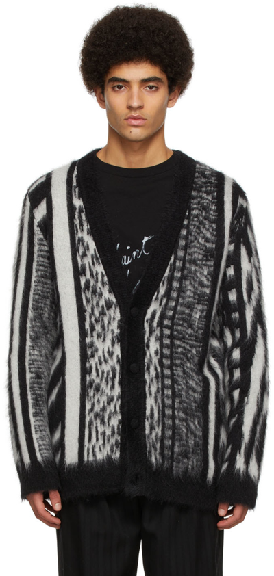 Saint Laurent Animal-print Relaxed-fit Stretch-wool-blend Cardigan In Noir/ Naturel 1095