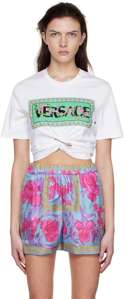 Versace Logo刺绣短款棉质t恤 In White