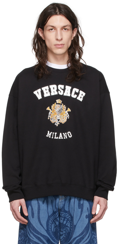Versace Logo Print Cotton Jersey Sweatshirt In Black