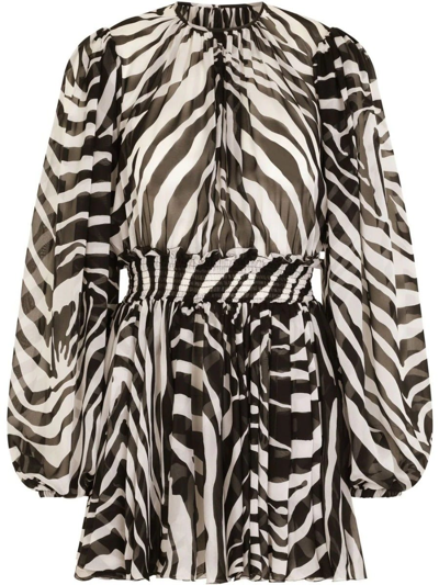 Dolce & Gabbana Zebra Printed Silk Chiffon Mini Dress In White