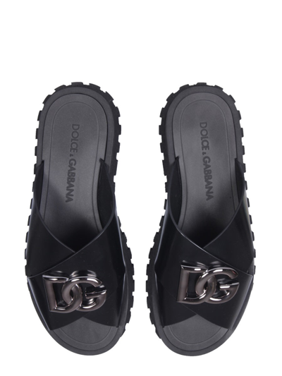 Dolce & Gabbana Brushed Leather Crisscross Slipper In Black