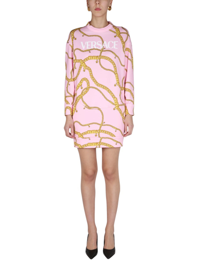 Versace Long Sleeve Chain Sweatshirt Dress In Pink
