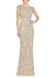 Mac Duggal Damask Sequin Open Back Gown In Nude Multi