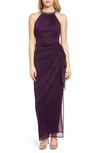 ALEX EVENINGS EMBELLISHED HALTER RUCHED COLUMN FORMAL GOWN