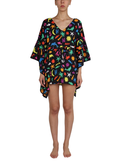 Moschino Caftan With All Over Logo Print In Black