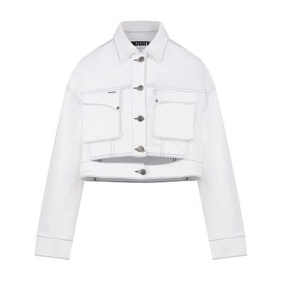 Rotate Birger Christensen Cropped Cut-out Denim Jacket In Bright White