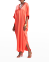 Josie Natori Natori Key Essentials Embellished Cocoon Silk Caftan Dress In Tigerlily