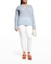 Minnie Rose Plus Plus Size Long-sleeve Mesh Cotton/cashmere Top In Cornflower Blue