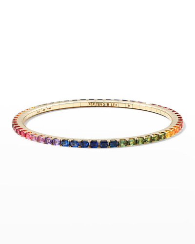 Ex-tensible Yellow Gold Stretch Rainbow Emerald Tennis Bracelet In Multi