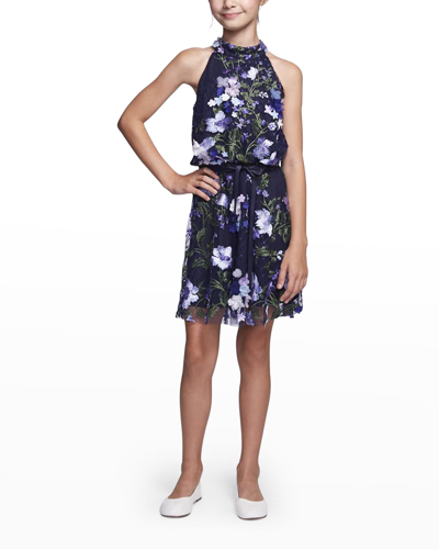 Marchesa Notte Mini Kids' Girl's 3d Embroidered Floral Dress In Navy