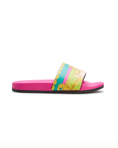 Versace Teen Pink Barocco Goddess Print Slides In Разноцветный