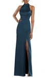 Lovely Backless High-neck Column Gown In Atlantic Blue