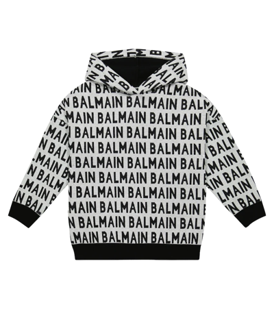 Balmain Kids' Logo Jacquard Cotton Hoodie In White