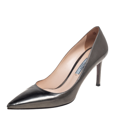 Pre-owned Prada Metallic Grey Leather Pointed Toe Pumps Size 36.5
