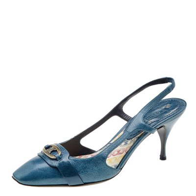 Pre-owned Celine Blue Leather Macadam Logo Slingback Sandals Size 40