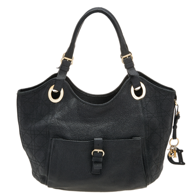Pre-owned Dior Black Cannage Leather Bee Hobo