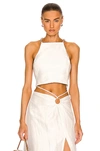 Cult Gaia Joey Cropped Open-back Chain-embellished Linen-blend Top In Off White