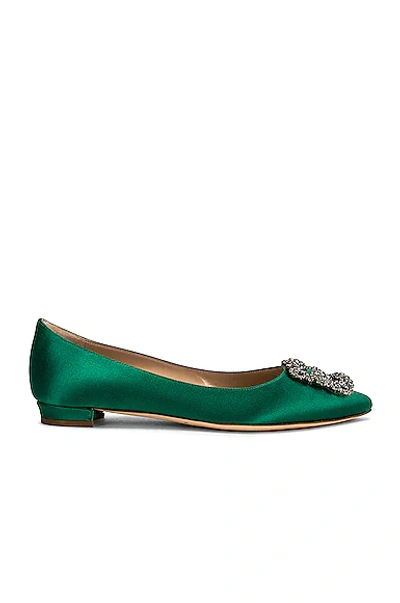 Manolo Blahnik Hangisi Embellished Satin Point-toe Flats In Emerald