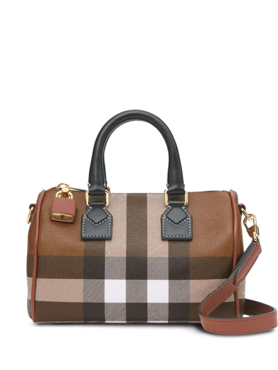 Burberry Womens Dark Birch Brown Chk Check-print Mini Woven And Leather Top-handle Bowling Bag