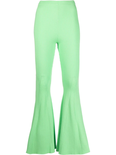 Self-portrait Ribbed-knit Flared Trousers In Green