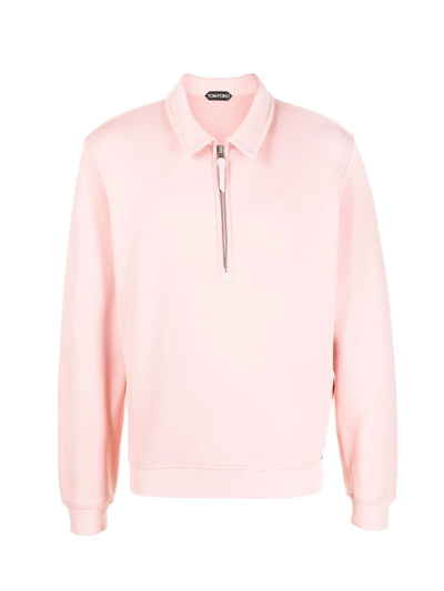 Tom Ford Zip-neck Loop-back Jersey Polo Sweater In Pink & Purple