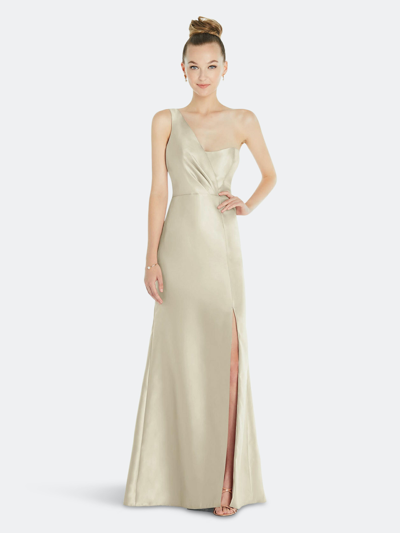 Alfred Sung Draped One-shoulder Satin Trumpet Gown With Front Slit In White