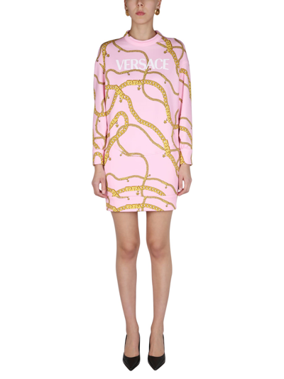 Versace Long Sleeve Chain Sweatshirt Dress In Pink