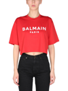 Balmain Red Cropped T-shirt With Logo Print In Rosso