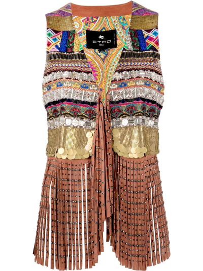 Etro Embellished Fringed Suede And Cotton-voile Vest In Multi