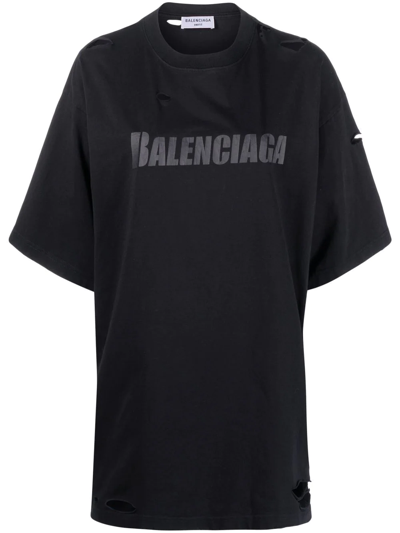 Balenciaga Distressed Logo-print T-shirt In Black