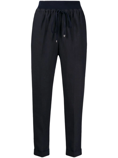 Le Tricot Perugia Cropped Tapered Linen Trousers In Blue