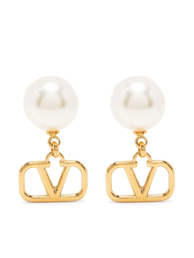 Valentino Garavani Pearl-embellished Logo-motif Earrings In Gold