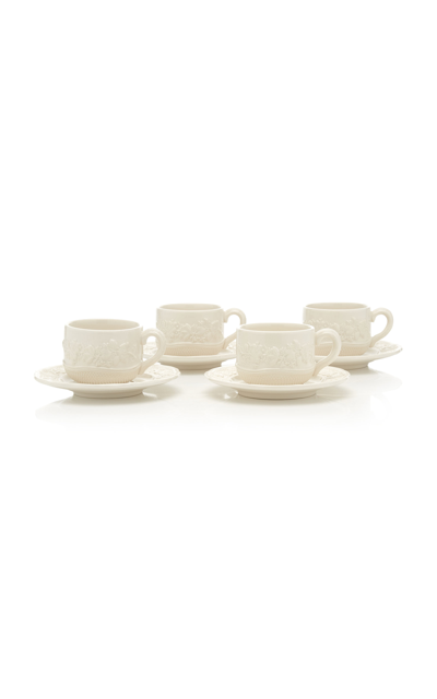 Moda Domus Set-of-four Relief And Doot Earthenware Teacup And Saucer Set In White
