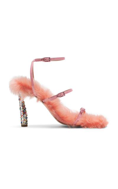 Paul Andrew Slinky Fluffy Crystal-embellished Shearling Sandals In Pink