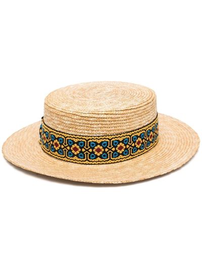 Borsalino Magiostrina Braided Straw Boater Ethnic Hatband In Beige