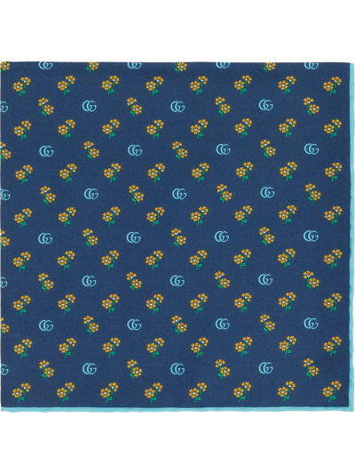 Gucci Double G Flowers Print Silk Pocket Square In Blau