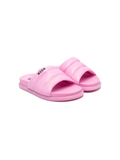 Msgm Kids' Logo Print Leather Slide Sandals In Pink