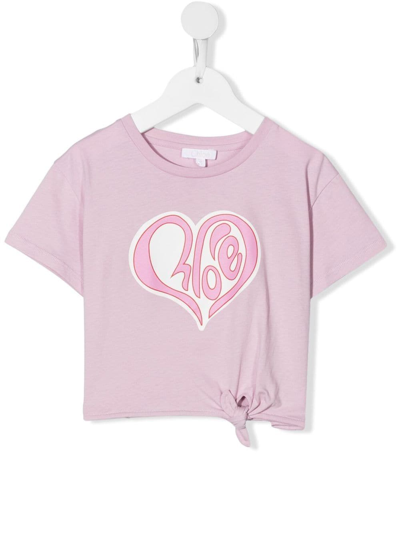 Chloé Kids' Heart Logo Tie Detail Cotton Graphic Tee In Pink & Purple